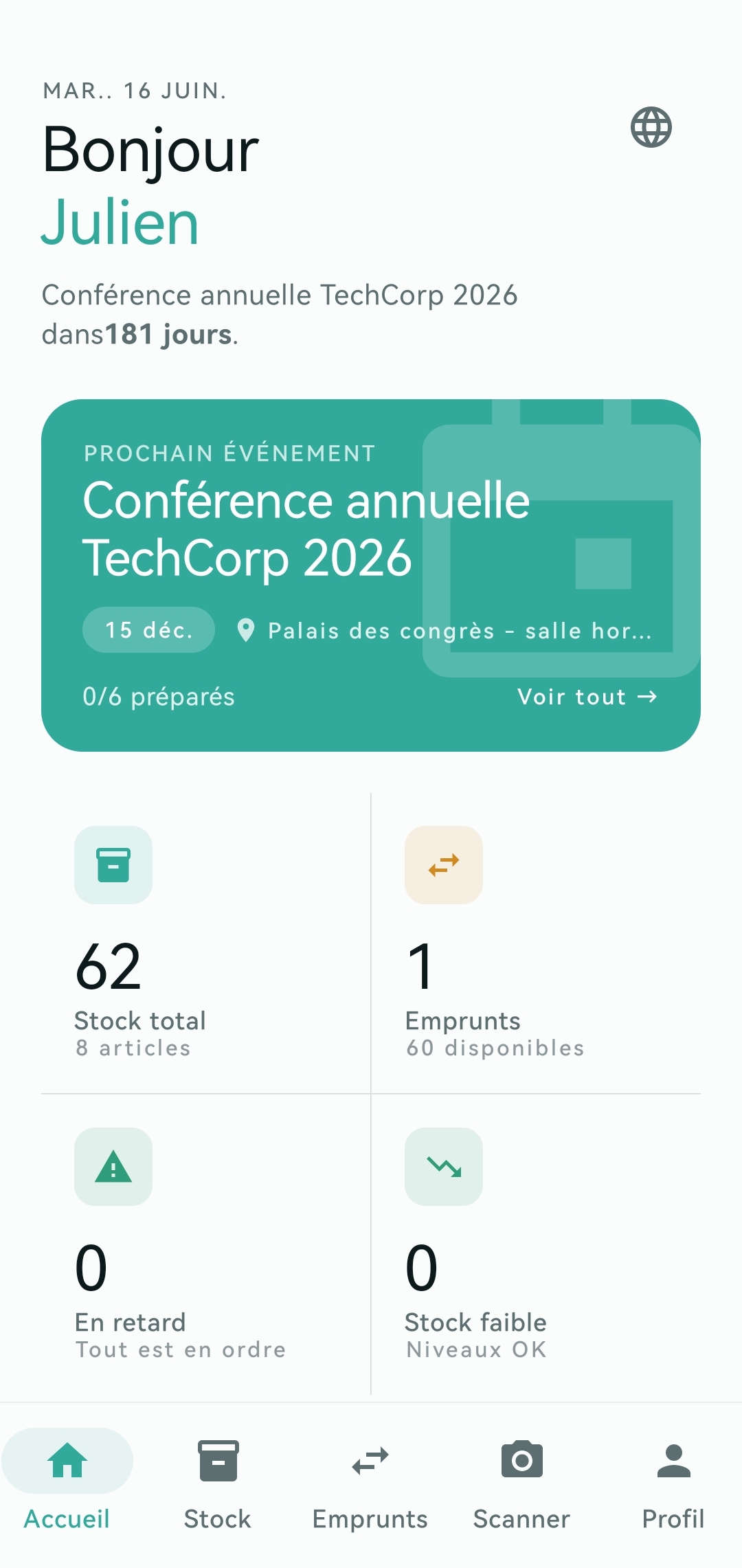 Écran d'accueil de l'application EventStock