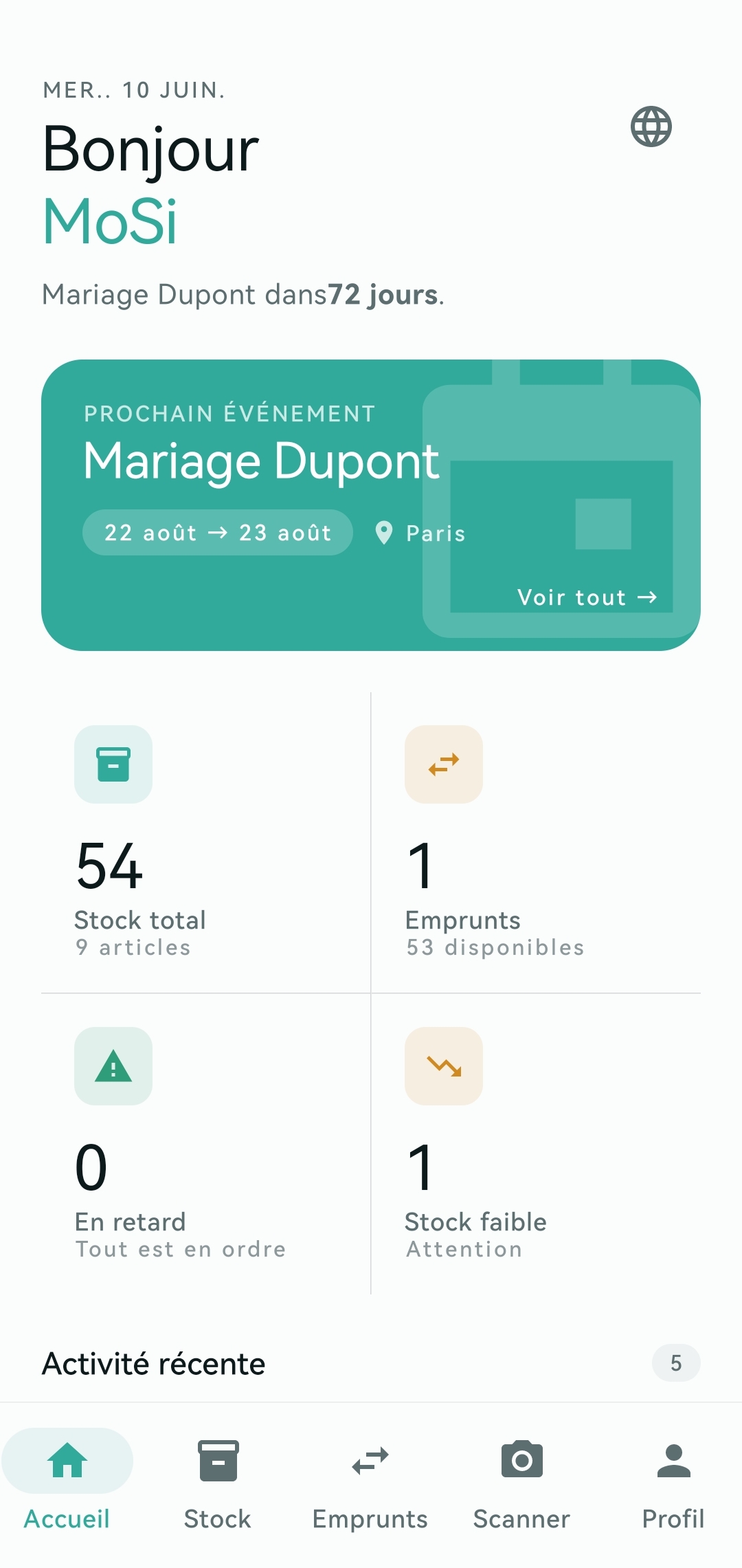 Écran d'accueil de l'application EventStock